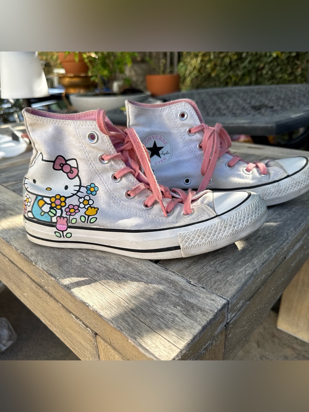 Converse White High-Top Sneakers with Pink Laces and Hello Kitty Floral Art